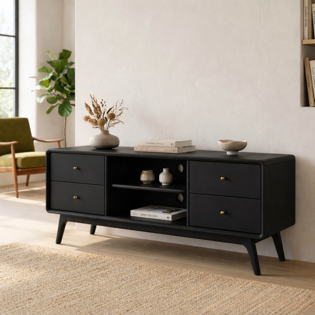 Solid Wood TV Stand with Drawers and Open Shelf – Mid-Century Modern Media Console