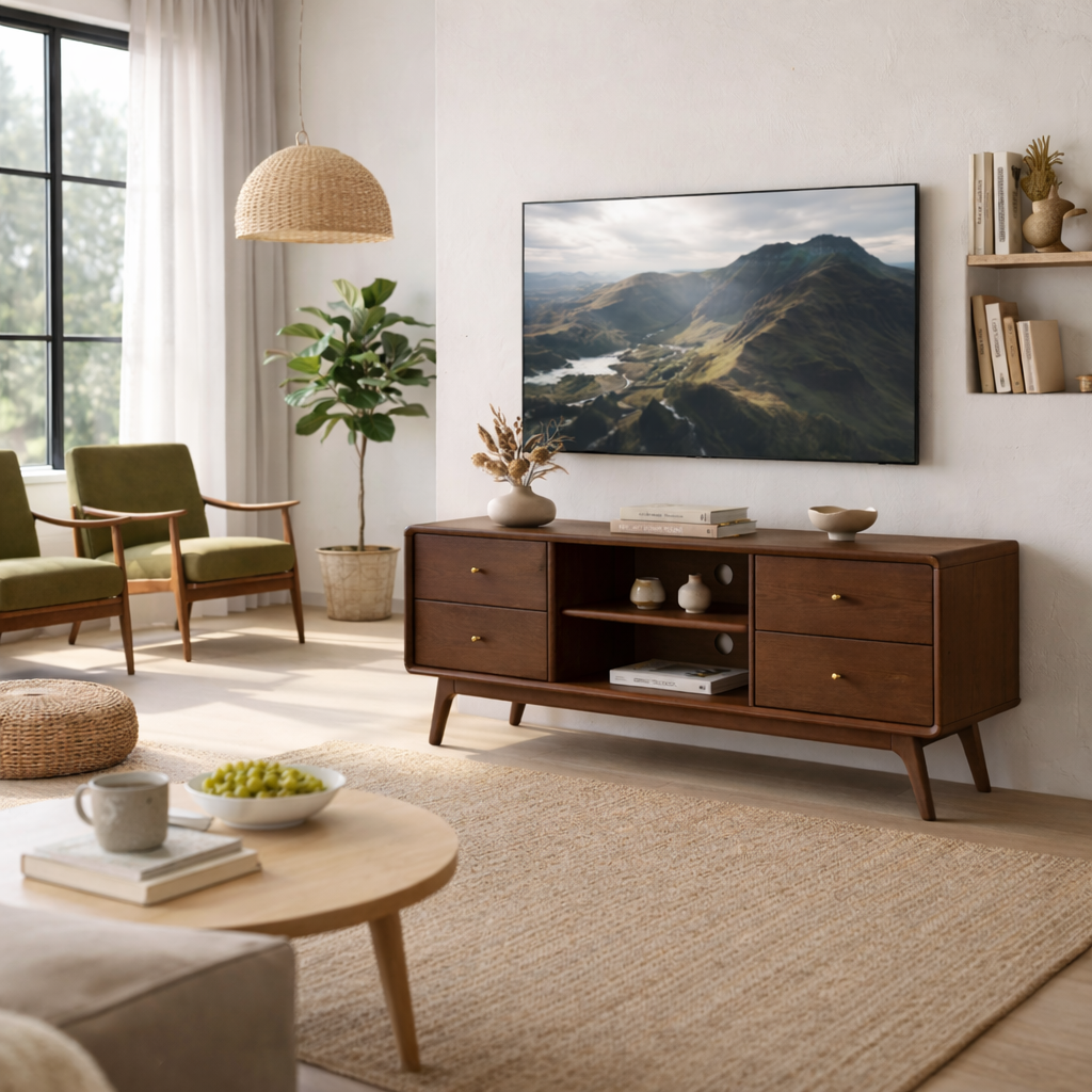 Solid Wood TV Stand with Drawers and Open Shelf – Mid-Century Modern Media Console