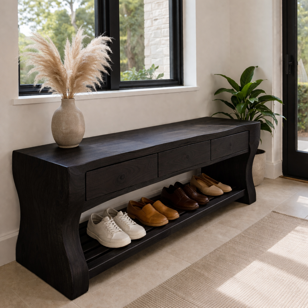 Solid Wood Shoe Bench with Drawers – Modern Walnut Entryway Storage Bench