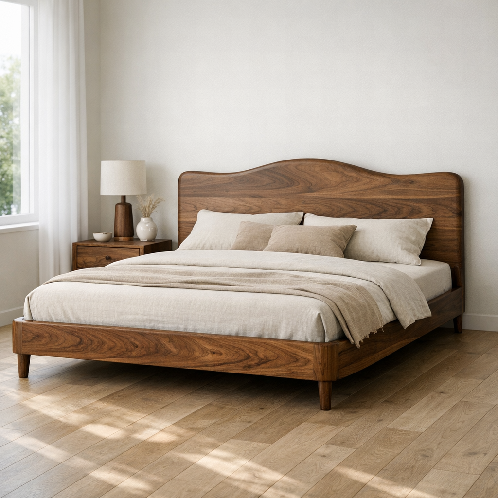 Solid Wood Bed Frame with Curved Headboard and Tapered Legs for Modern Bedroom