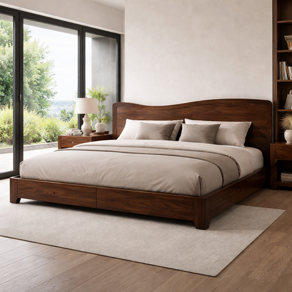 Solid Wood Bed Frame with Curved Headboard and Modern Low-Profile Design