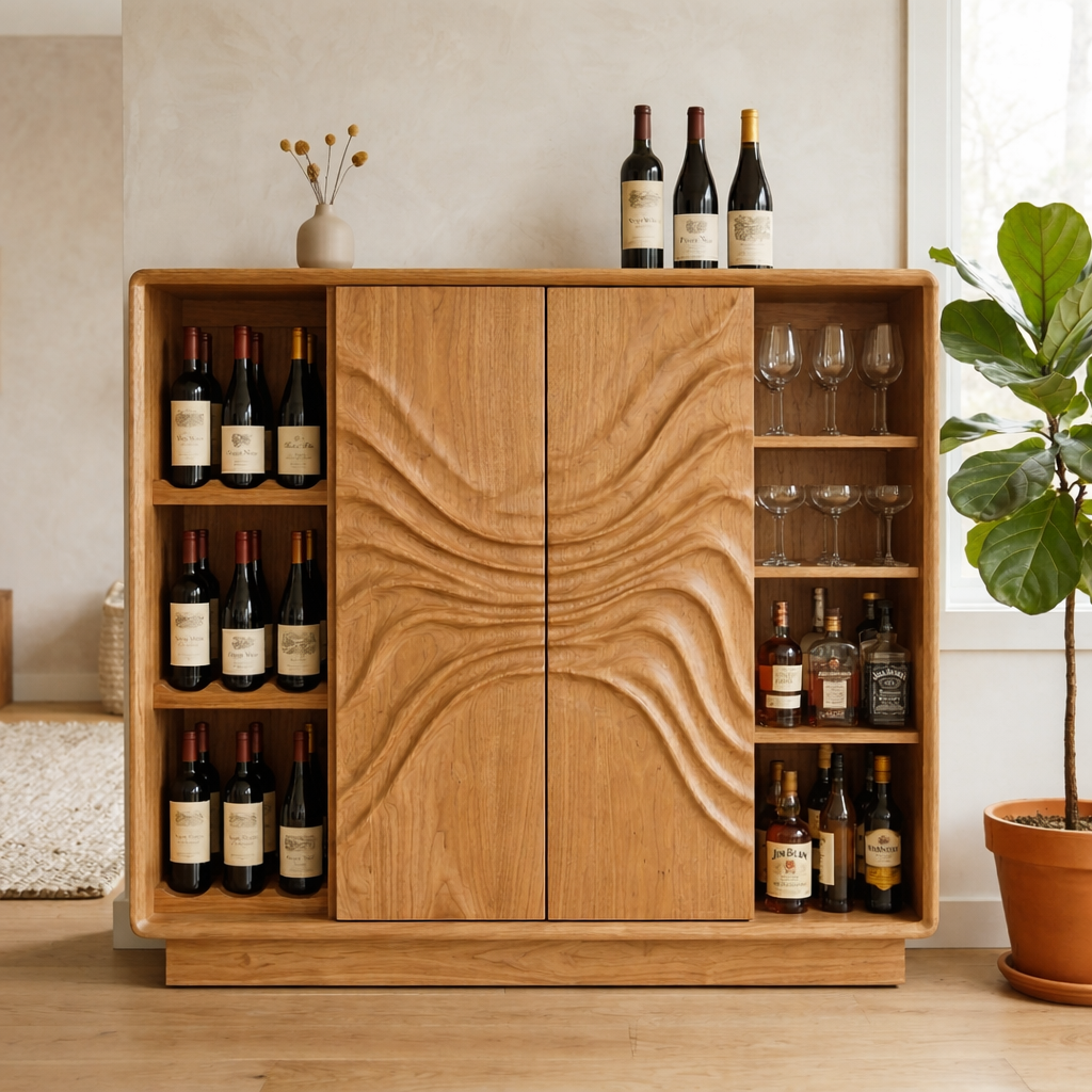 Solid Wood Wine Cabinet with Sculptural Wave Doors and Glass & Bottle Storage