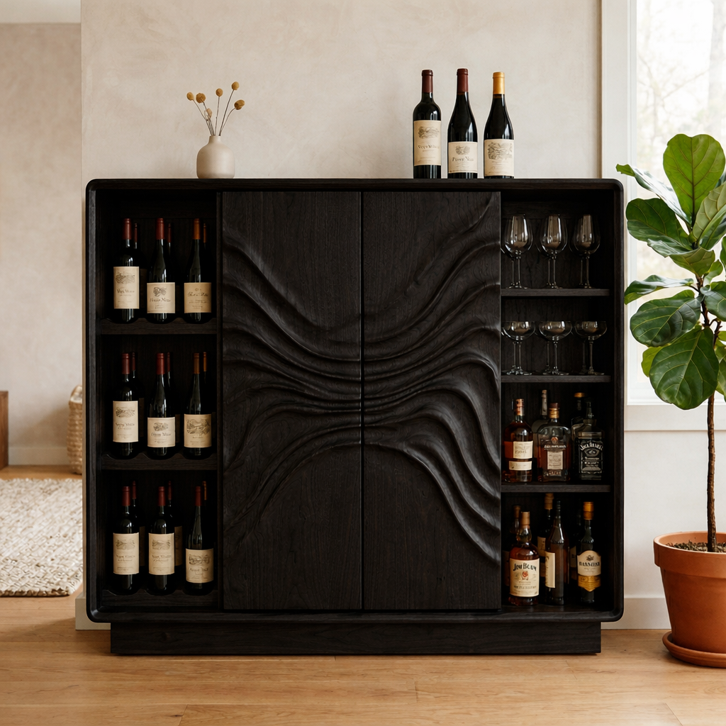 Solid Wood Wine Cabinet with Sculptural Wave Doors and Glass & Bottle Storage