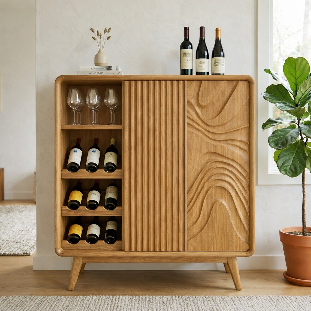 Solid Wood Wine Cabinet with Fluted Panel and Sculptural Door Design