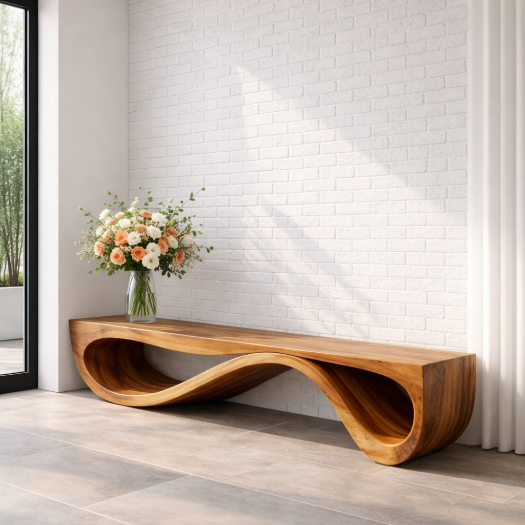 Handcrafted Solid Wood Bench with Sculptural Wave Base Design