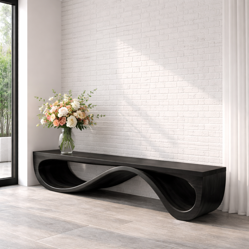 Handcrafted Solid Wood Bench with Sculptural Wave Base Design