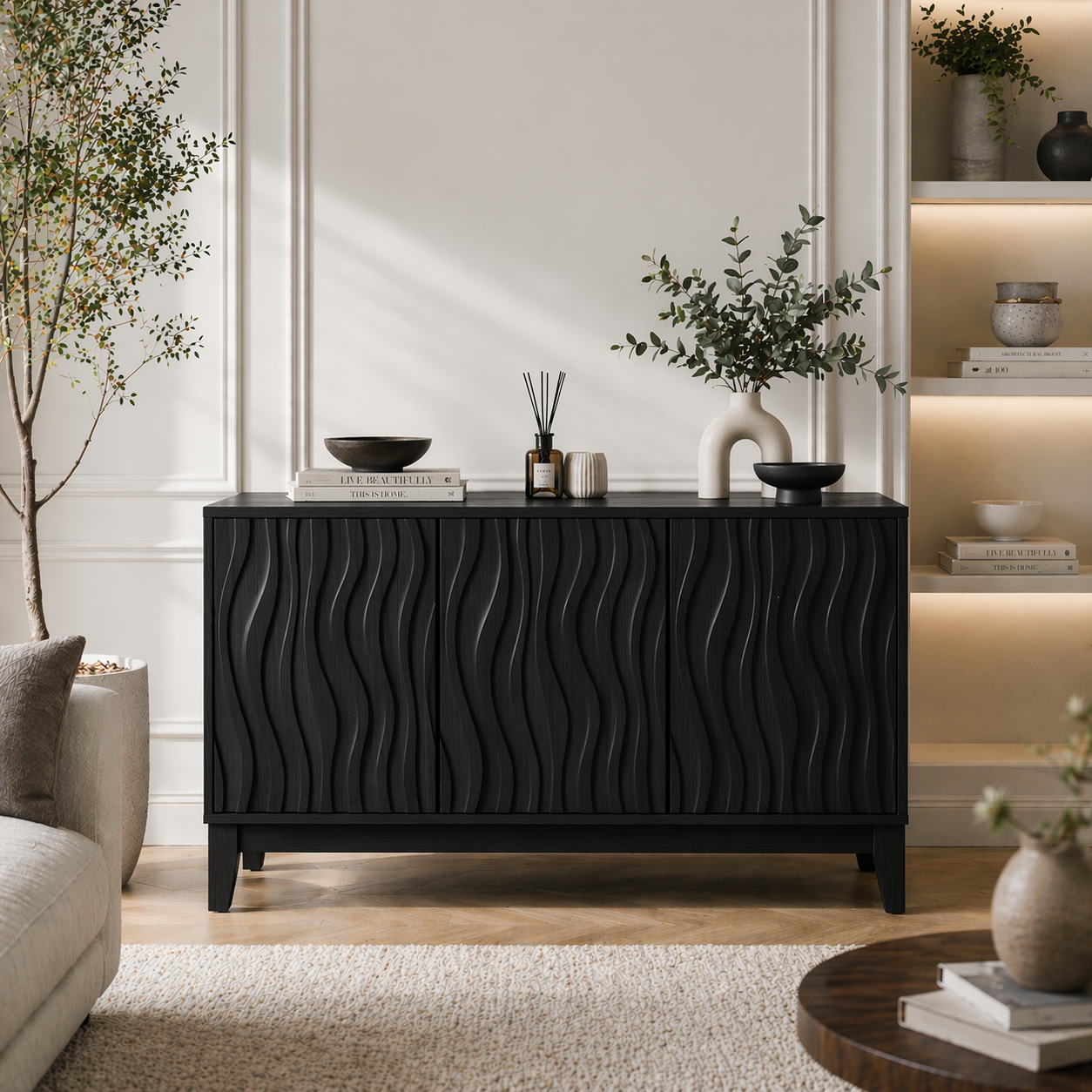 Solid Wood Fluted Console Sideboard – Modern Walnut Storage Cabinet