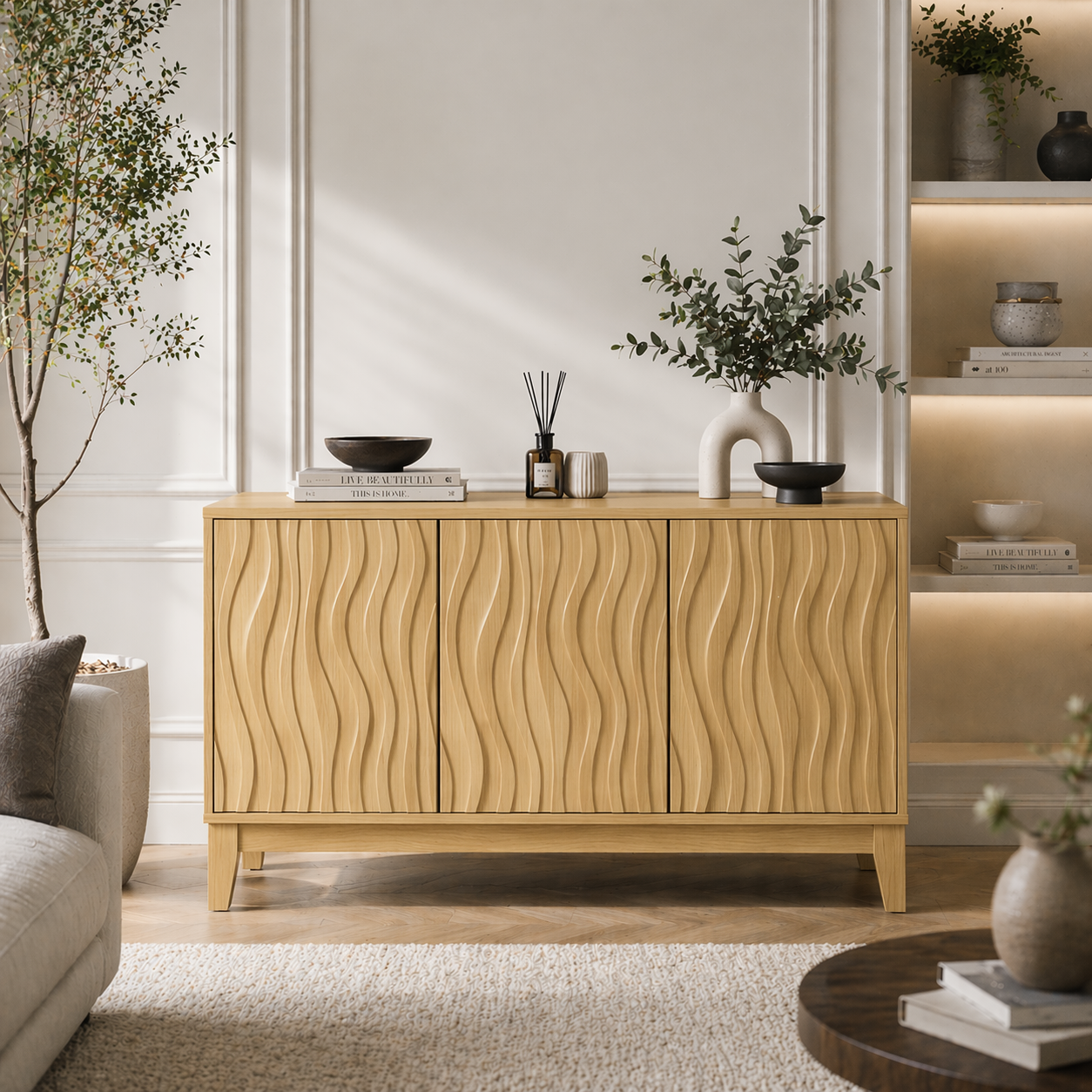 Solid Wood Fluted Console Sideboard – Modern Walnut Storage Cabinet