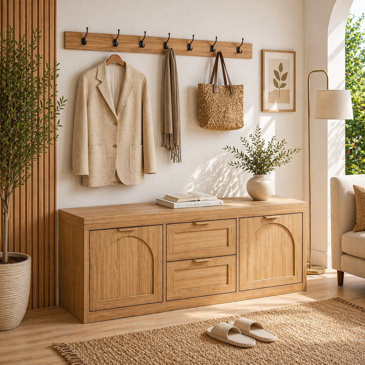 Solid Wood Entryway Bench with Storage Drawers – Shoe Cabinet with Arched Doors