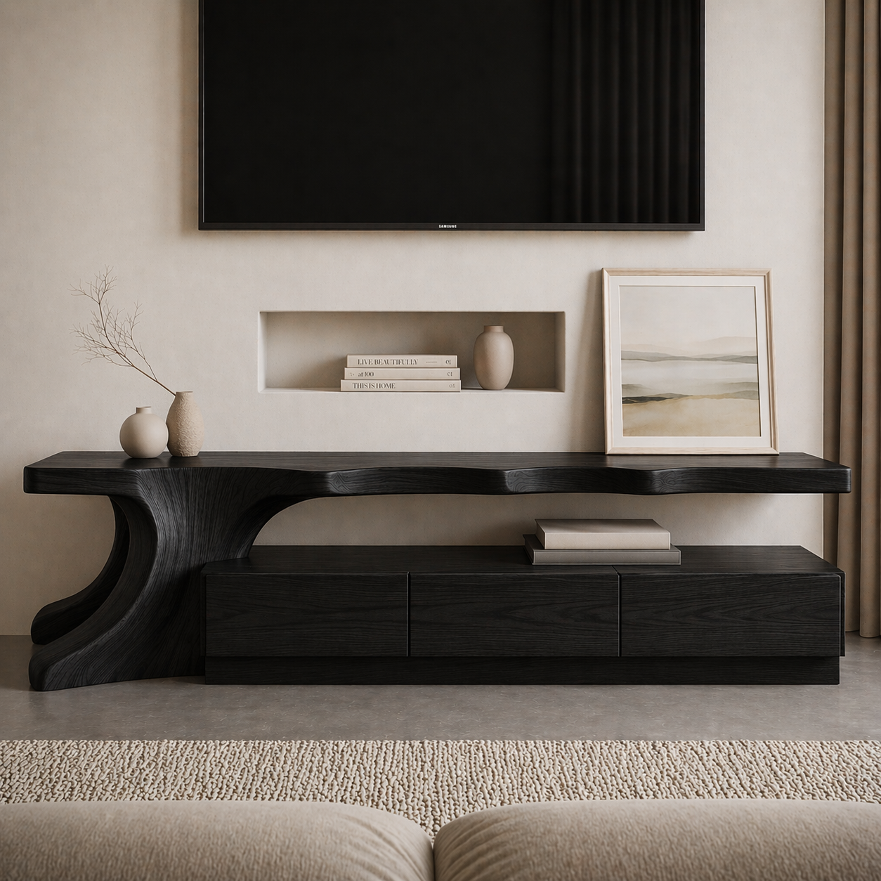 Solid Wood Sculptural TV Stand with Curved Base – Modern Media Console Table