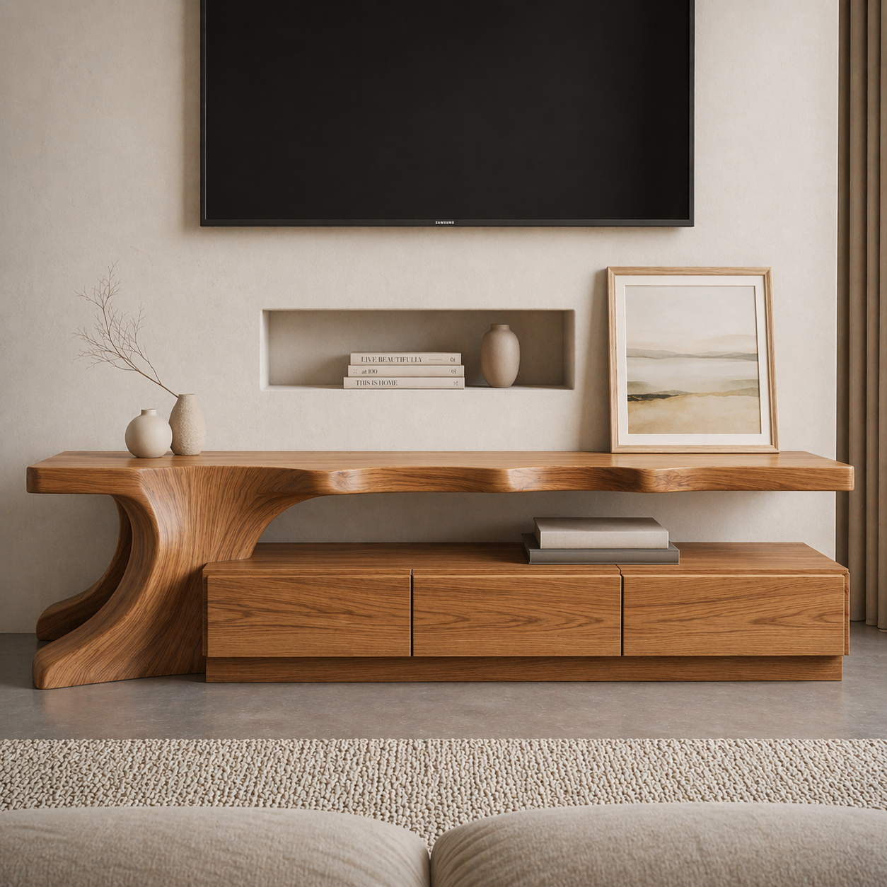 Solid Wood Sculptural TV Stand with Curved Base – Modern Media Console Table