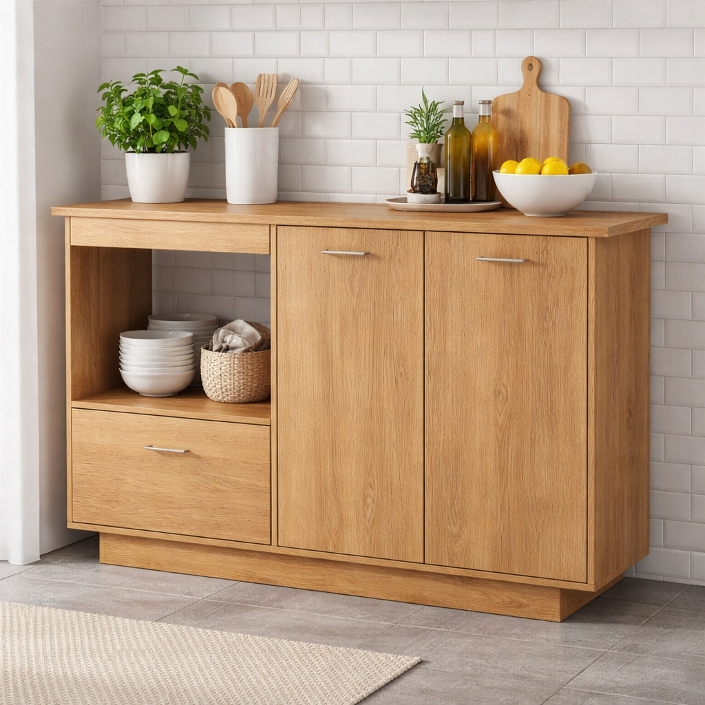 Solid Wood Kitchen Sideboard Cabinet – Walnut Storage Buffet with Drawer & Open Shelf