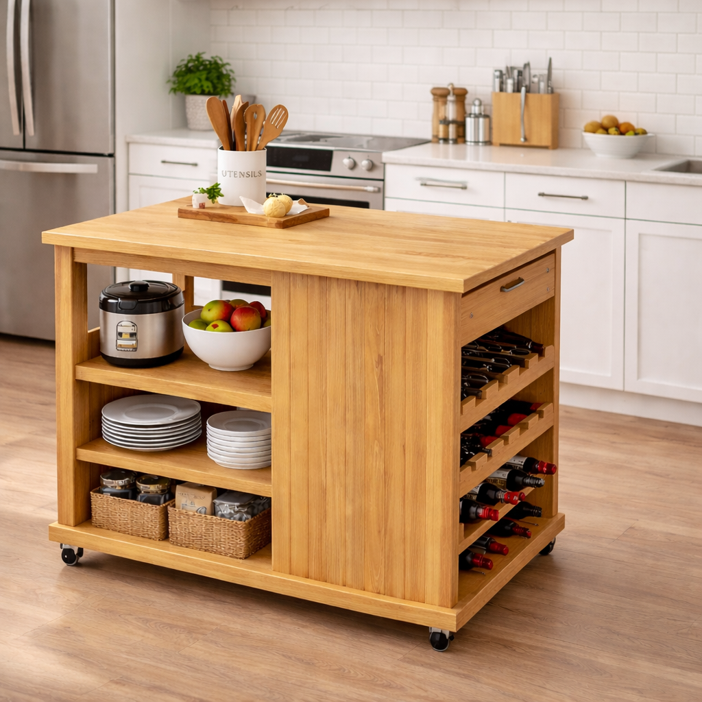 Solid Wood Kitchen Island Cart with Storage – Oak Prep Table with Wine Rack
