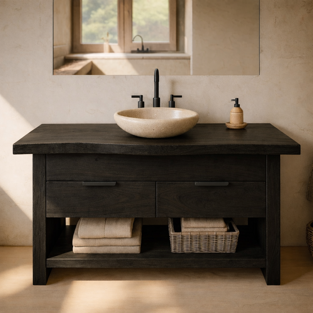 Modern Solid Wood Bathroom Vanity with Double Drawers and Open Bottom Shelf