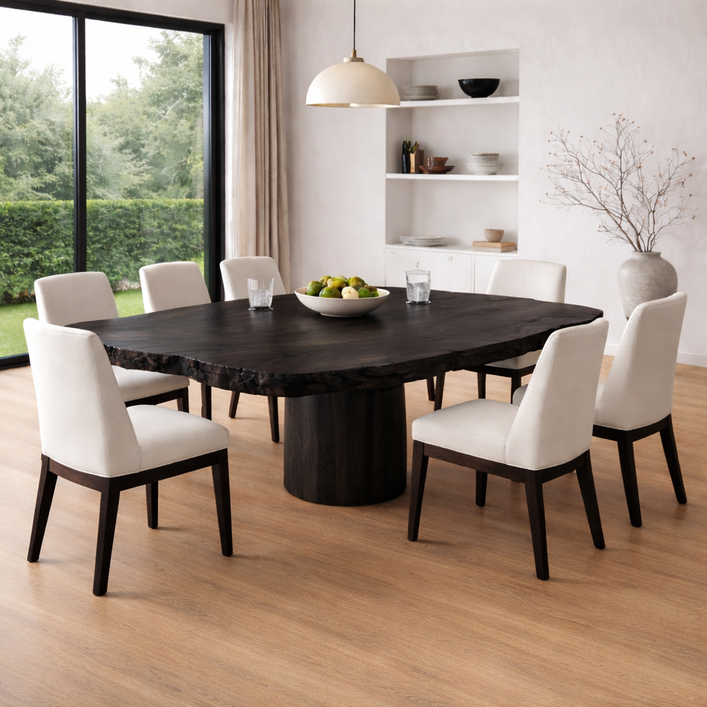 Handcrafted Solid Wood Round Dining Table with Live Edge Top and Pedestal Base