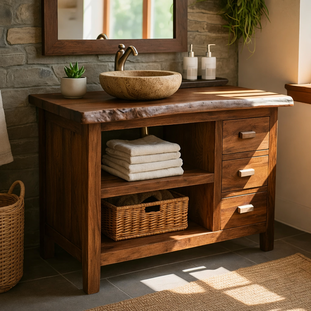 Rustic Solid Wood Live Edge Bathroom Vanity with Open Shelf and Three Drawers