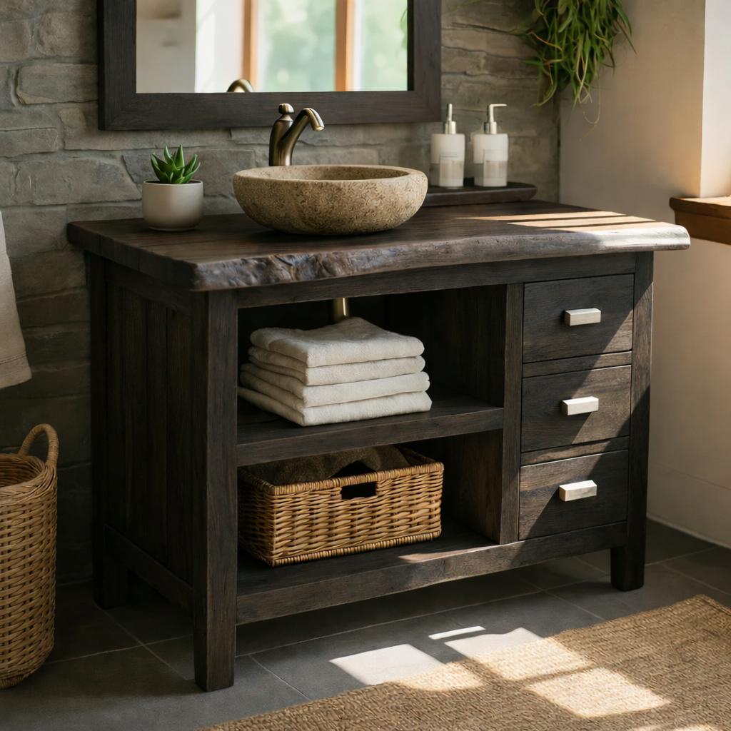 Rustic Solid Wood Live Edge Bathroom Vanity with Open Shelf and Three Drawers