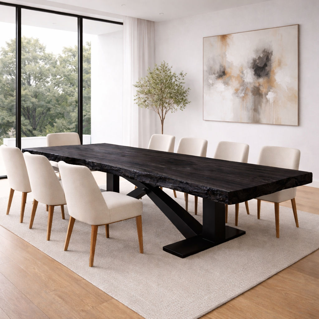 Handcrafted Solid Wood Dining Table with Live Edge Top and Modern Metal Base