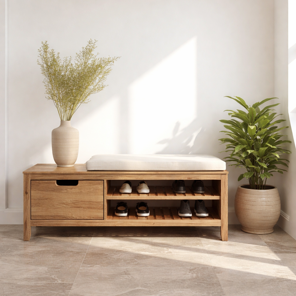 Solid Wood Shoe Storage Bench – Entryway Wooden Bench with Shoe Rack and Drawer