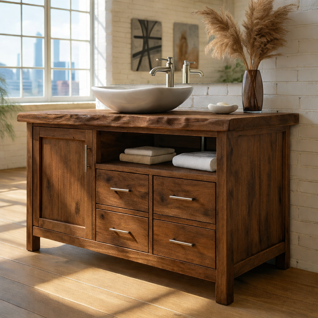 Solid Wood Live Edge Bathroom Vanity with 4 Drawers and Cabinet Door