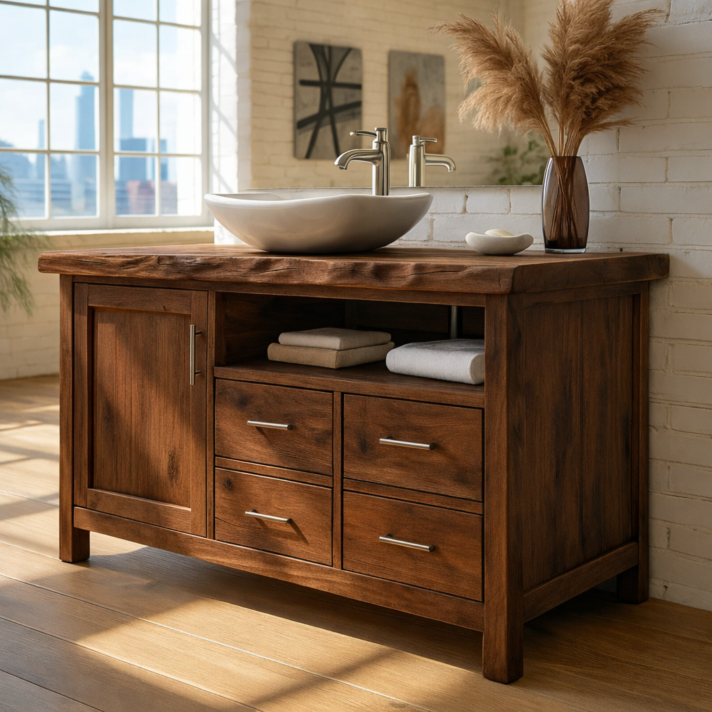 Solid Wood Live Edge Bathroom Vanity with 4 Drawers and Cabinet Door
