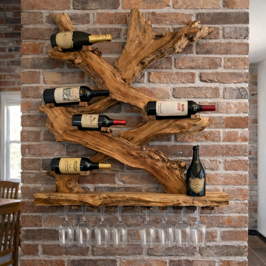 Rustic Solid Wood Wine Rack Wall Mounted with Glass Holder Shelf