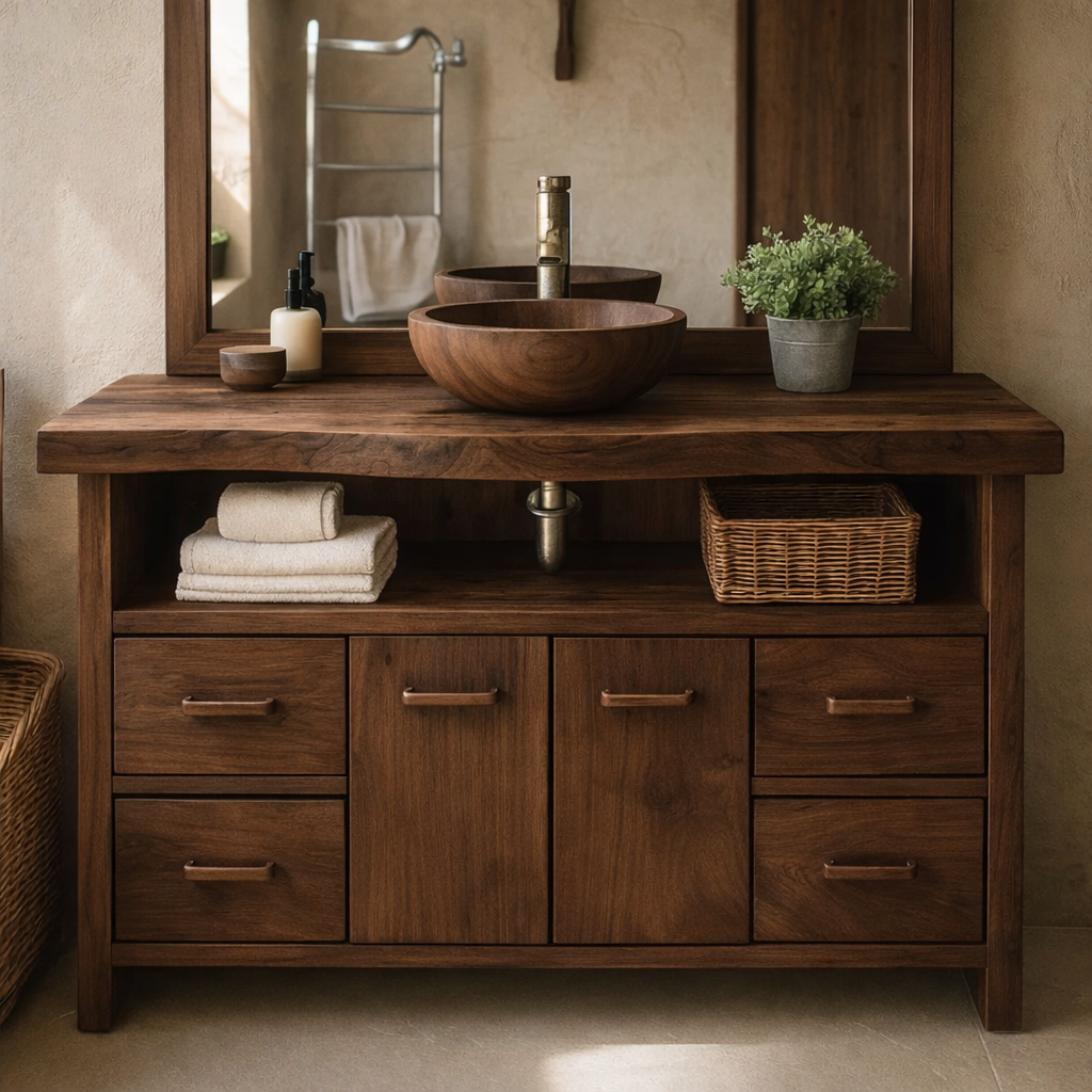 Solid Wood Live Edge Double Bathroom Vanity with 6 Drawers and Double Cabinet Doors for Modern Farmhouse Bathrooms