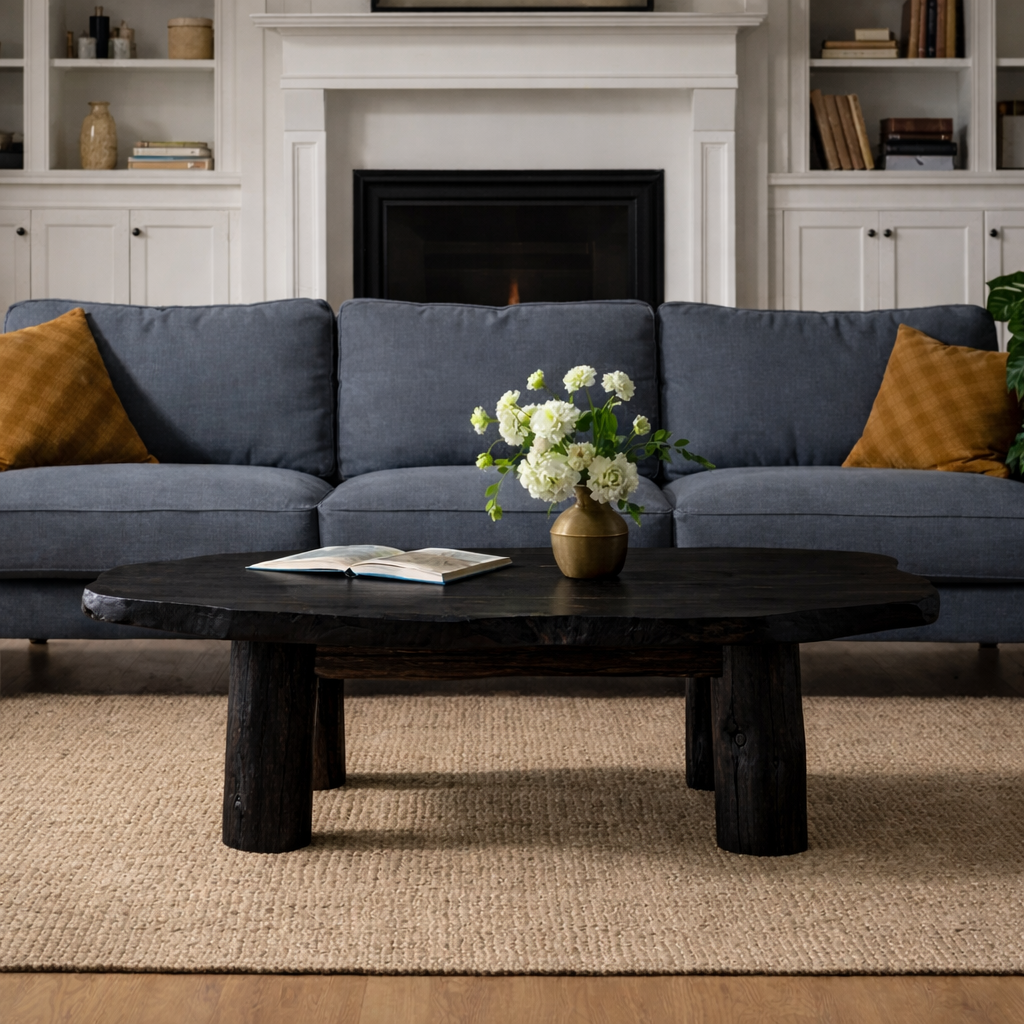 Solid Wood Round Coffee Table with Chunky Legs – Rustic Natural Wood Living Room Table