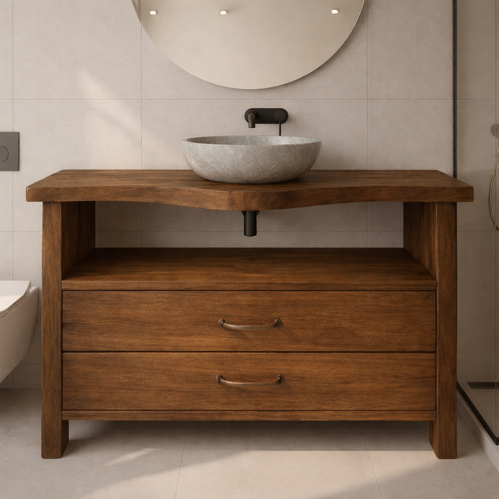 Live Edge Solid Wood Bathroom Vanity with 2 Drawers and Open Shelf for Contemporary Farmhouse Bathrooms