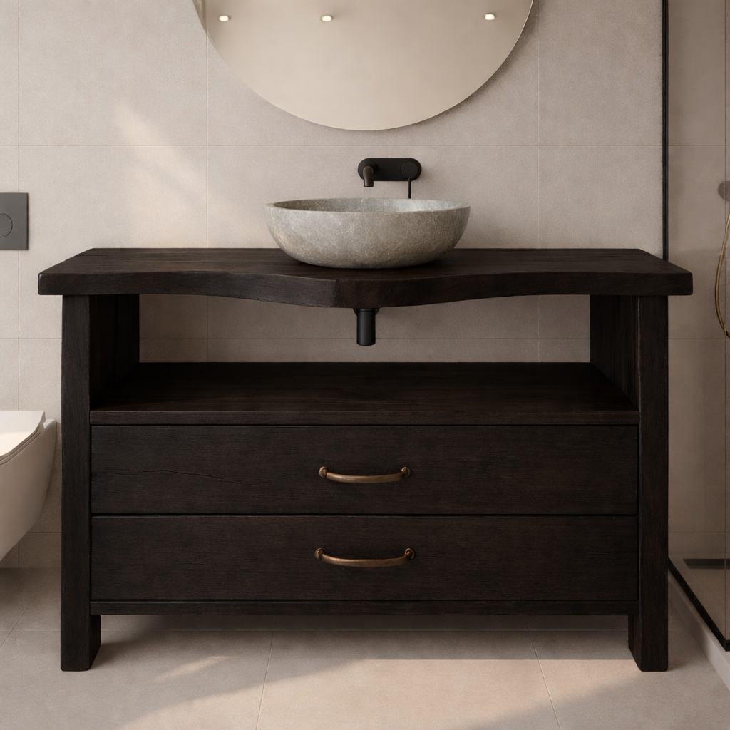 Live Edge Solid Wood Bathroom Vanity with 2 Drawers and Open Shelf for Contemporary Farmhouse Bathrooms