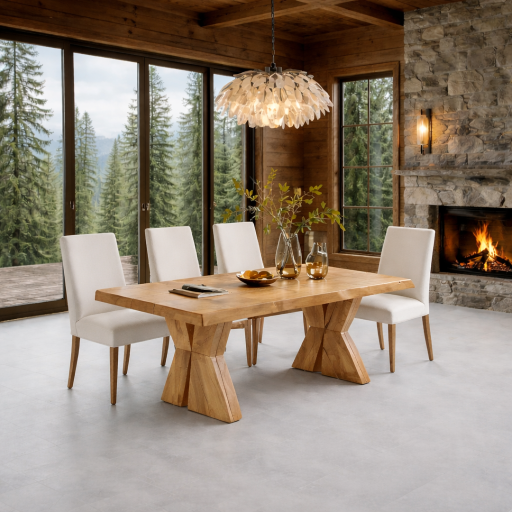 Solid Wood Dining Table with Sculptural Pedestal Base – Rustic Modern Dining Table