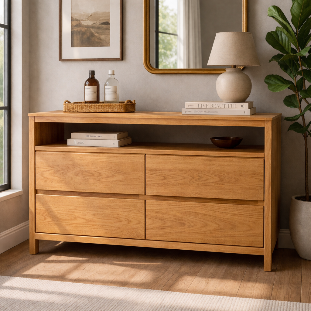 Solid Wood Console Table with Open Shelf and Drawer Storage for Modern Living Room
