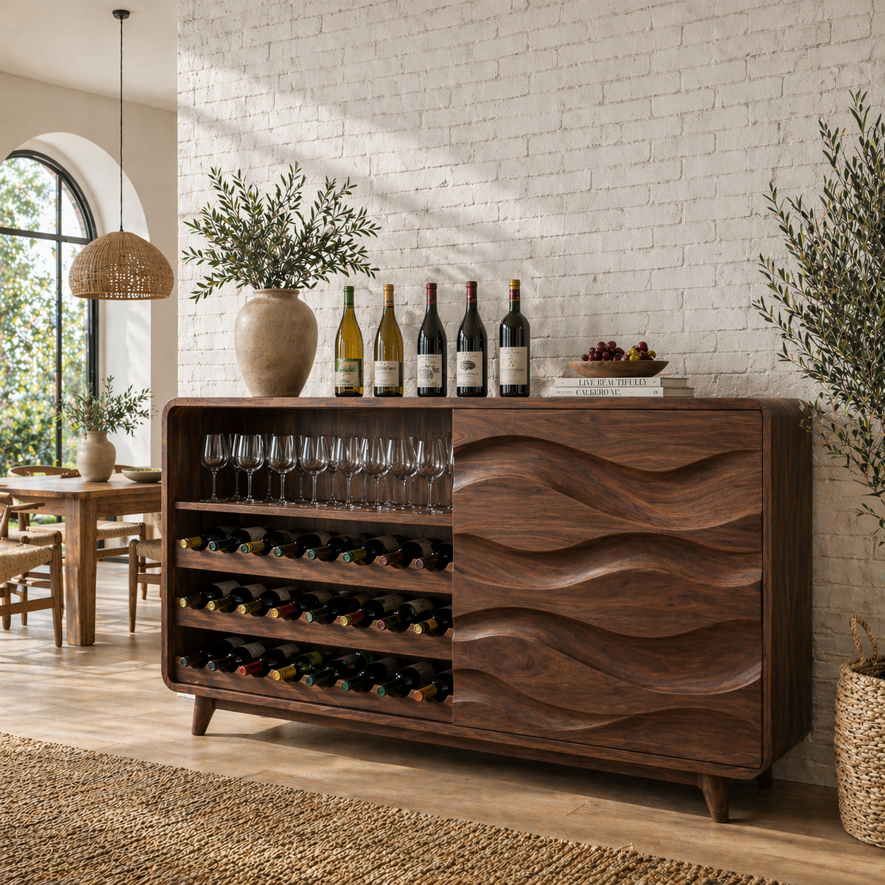 Solid Wood Wine Sideboard with Wave Carved Doors and Bottle Storage