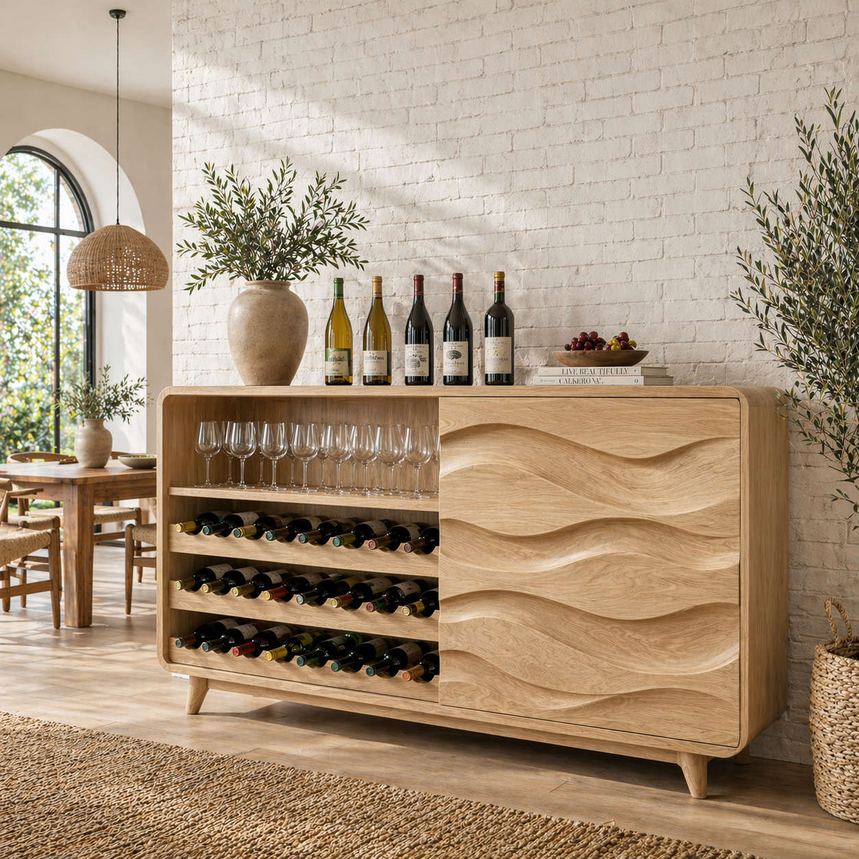 Solid Wood Wine Sideboard with Wave Carved Doors and Bottle Storage