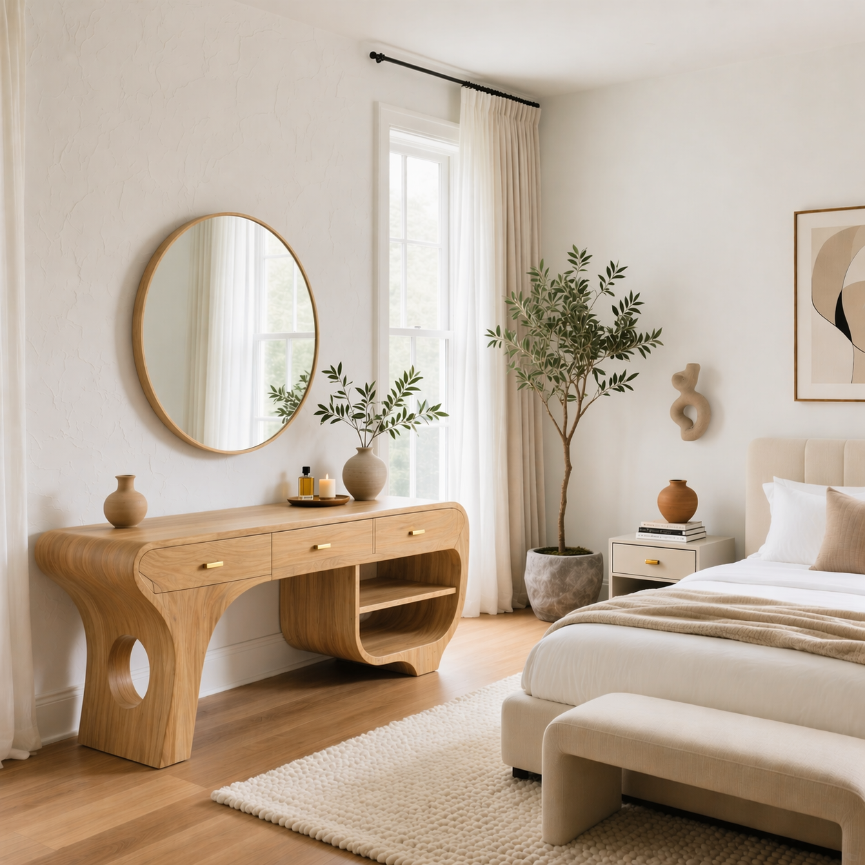 Solid Wood Makeup Vanity Desk with Sculptural Curved Design and Drawers