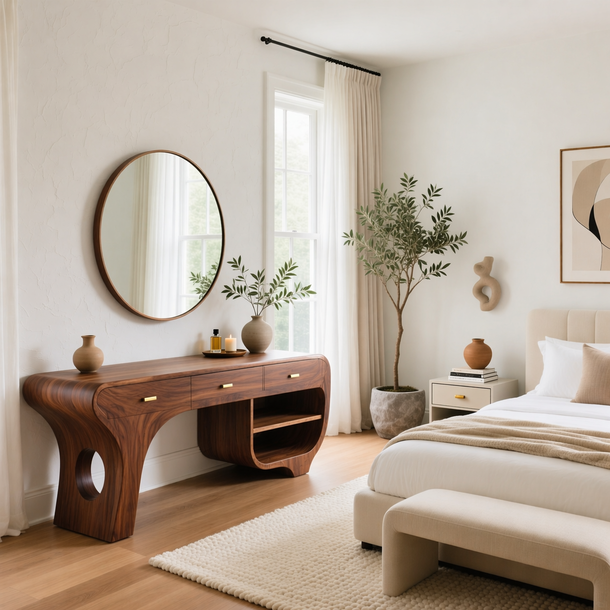 Solid Wood Makeup Vanity Desk with Sculptural Curved Design and Drawers