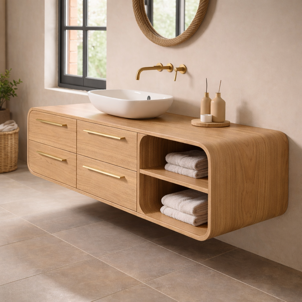 Luxury Floating Solid Wood Bathroom Vanity with Open Shelf Storage