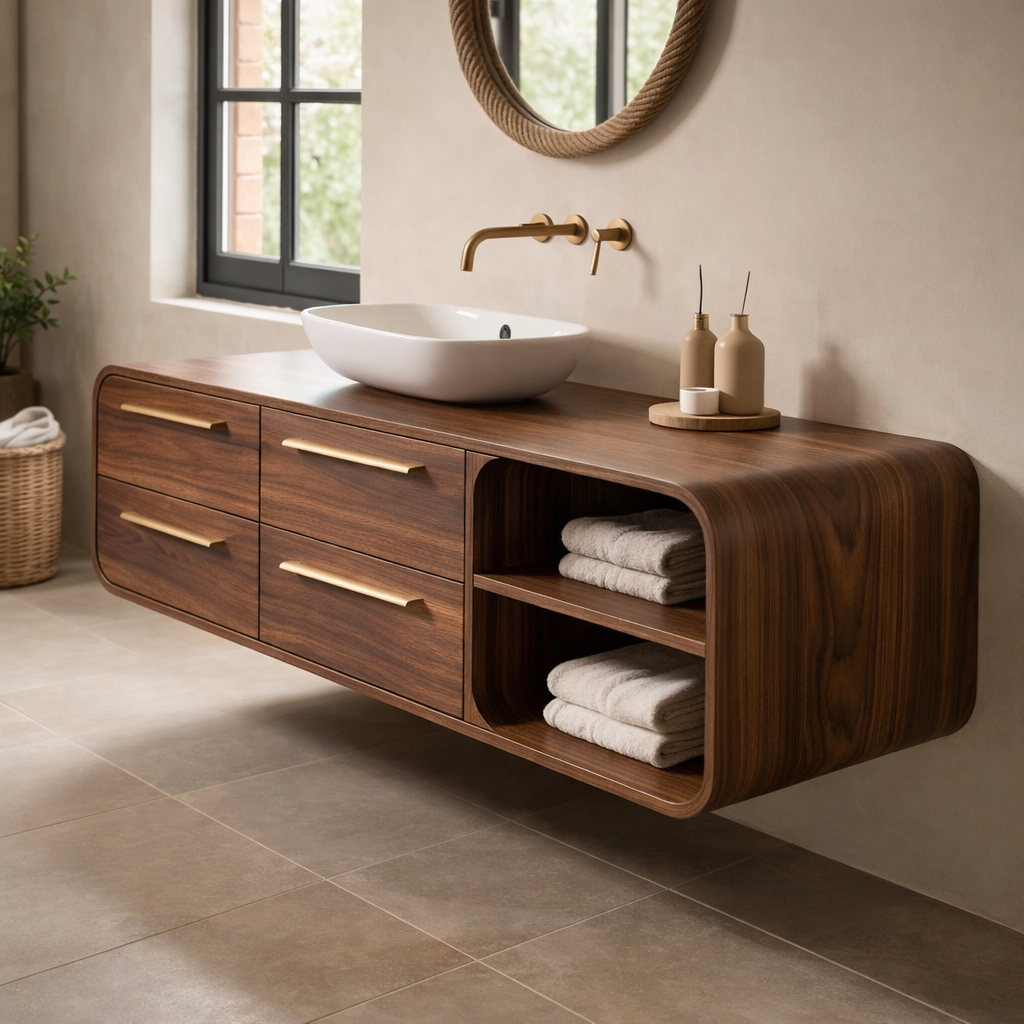 Luxury Floating Solid Wood Bathroom Vanity with Open Shelf Storage