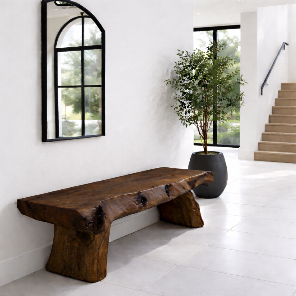 Solid Wood Live Edge Bench – Rustic Entryway Seating with Natural Tree Base