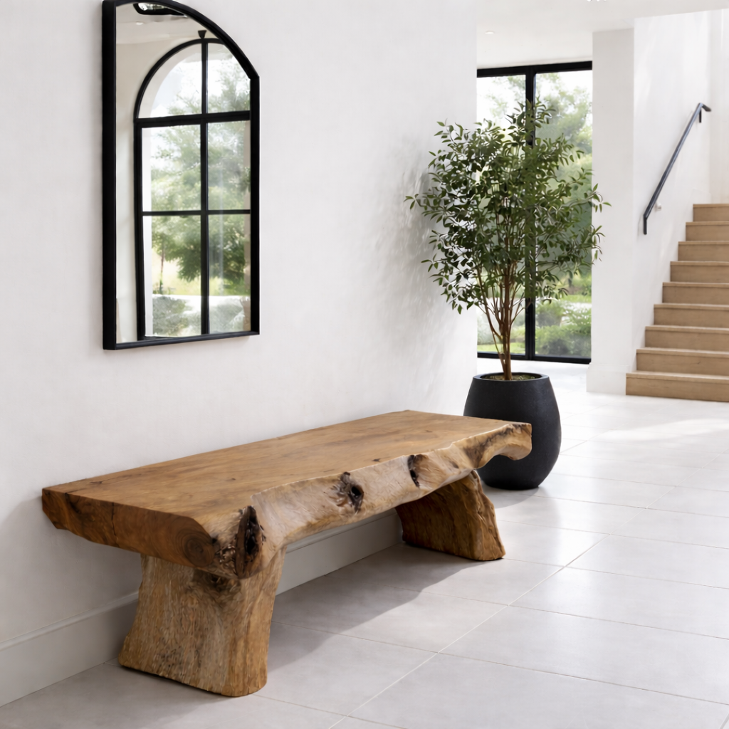 Solid Wood Live Edge Bench – Rustic Entryway Seating with Natural Tree Base