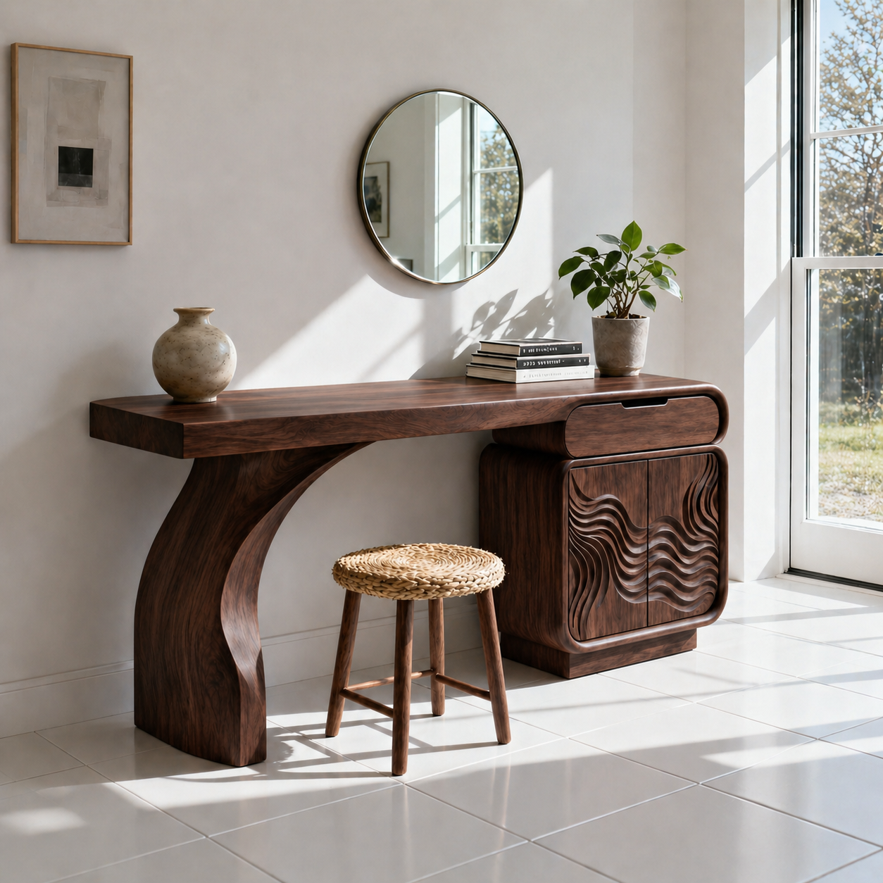 Solid Wood Makeup Vanity Desk with Sculptural Base and Wave Carved Cabinet