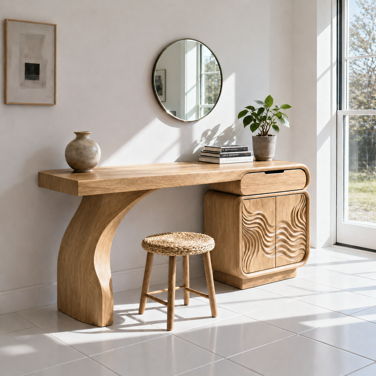Solid Wood Makeup Vanity Desk with Sculptural Base and Wave Carved Cabinet