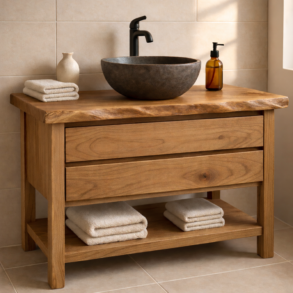 Live Edge Solid Wood Bathroom Vanity with Two Drawers and Open Bottom Shelf for Warm Modern Bathrooms