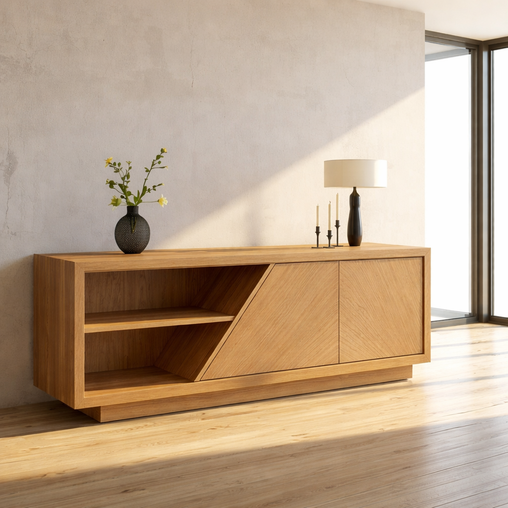 Modern Solid Wood Console Table with Geometric Design and Open Shelf Storage