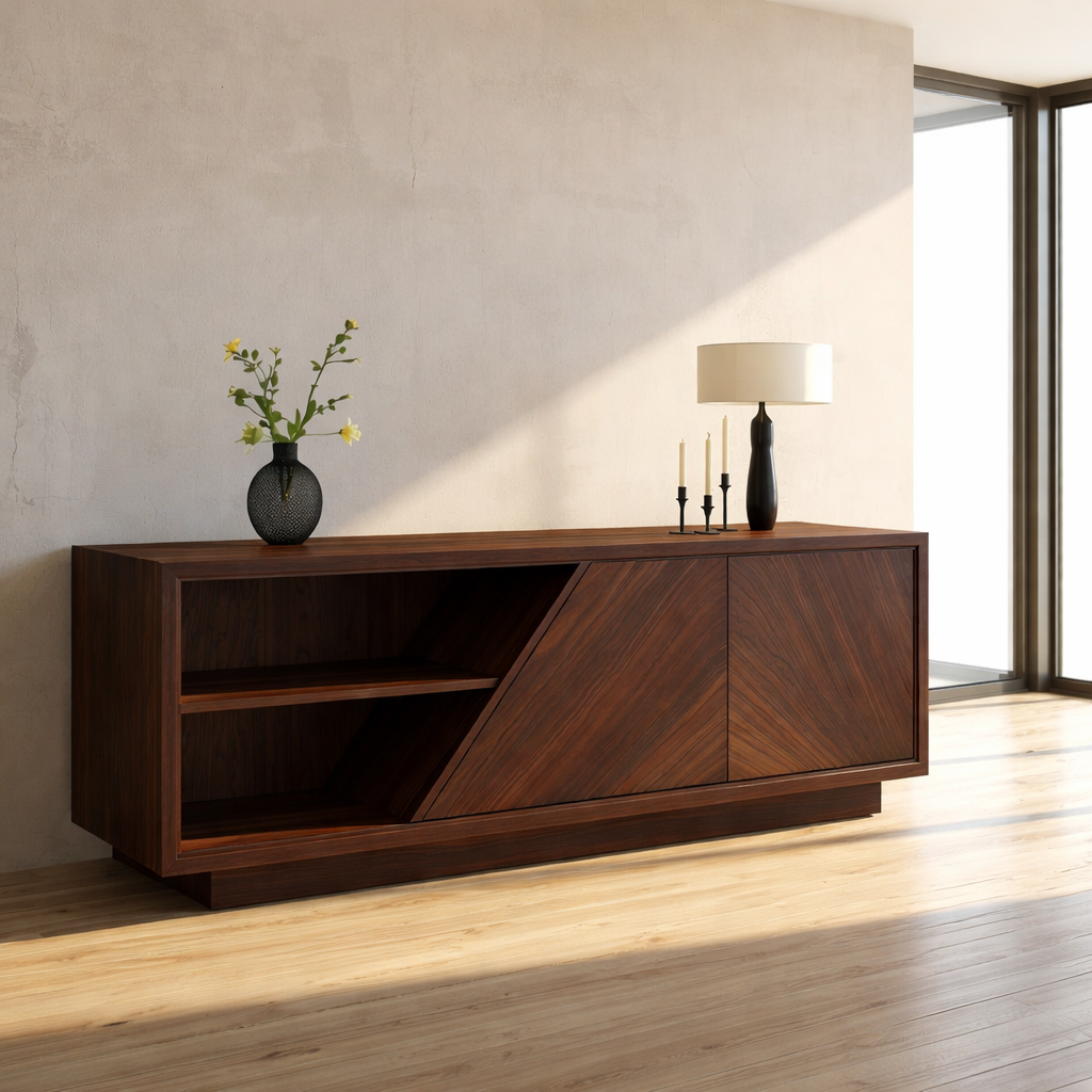Modern Solid Wood Console Table with Geometric Design and Open Shelf Storage