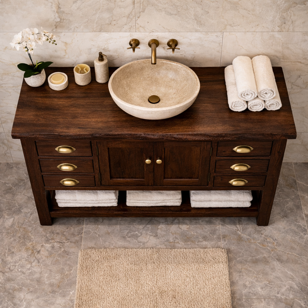 Solid Wood Bathroom Vanity with Drawers & Open Shelf Storage