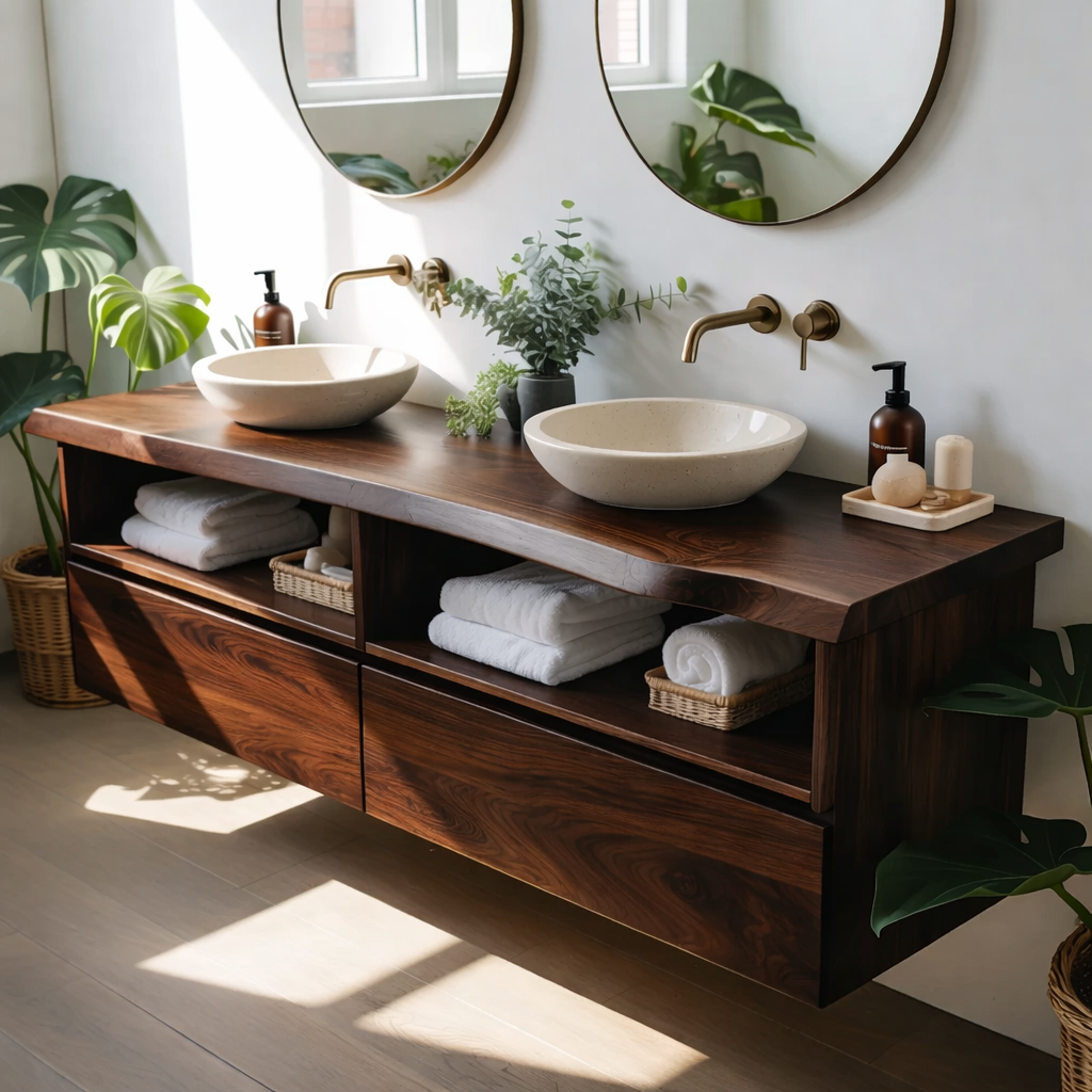 Modern Double Floating Solid Wood Bathroom Vanity Cabinet