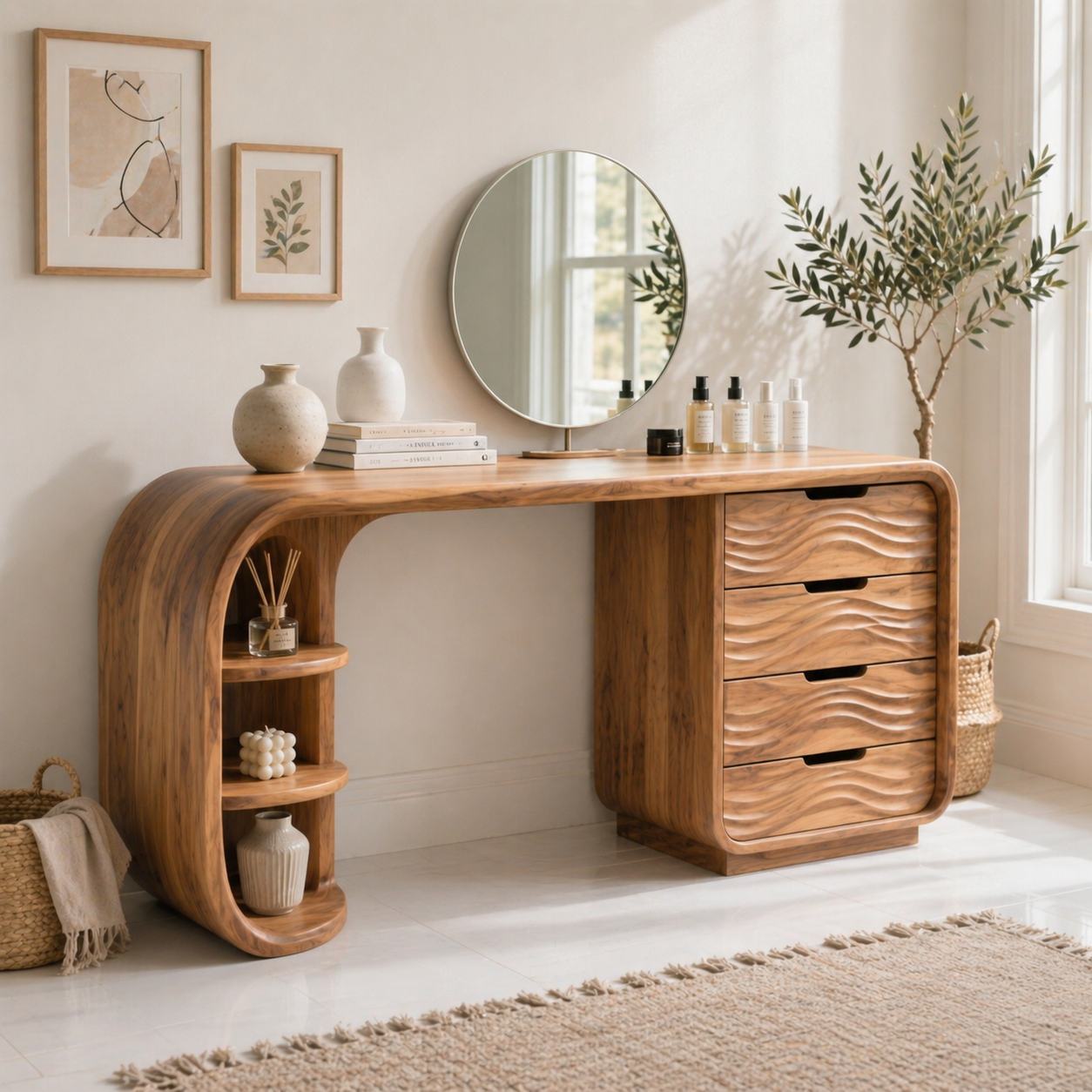 Solid Wood Makeup Vanity Desk with Curved Shelf Base and Wave Drawer Storage