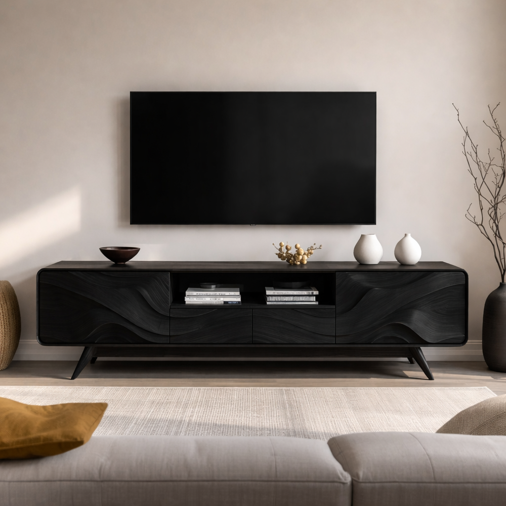 Solid Wood TV Stand with Sculpted Wave Front – Modern Rustic Media Console
