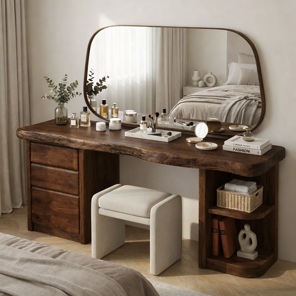 Solid Wood Makeup Vanity Desk with Live Edge Top, 3 Drawers and Open Side Shelves